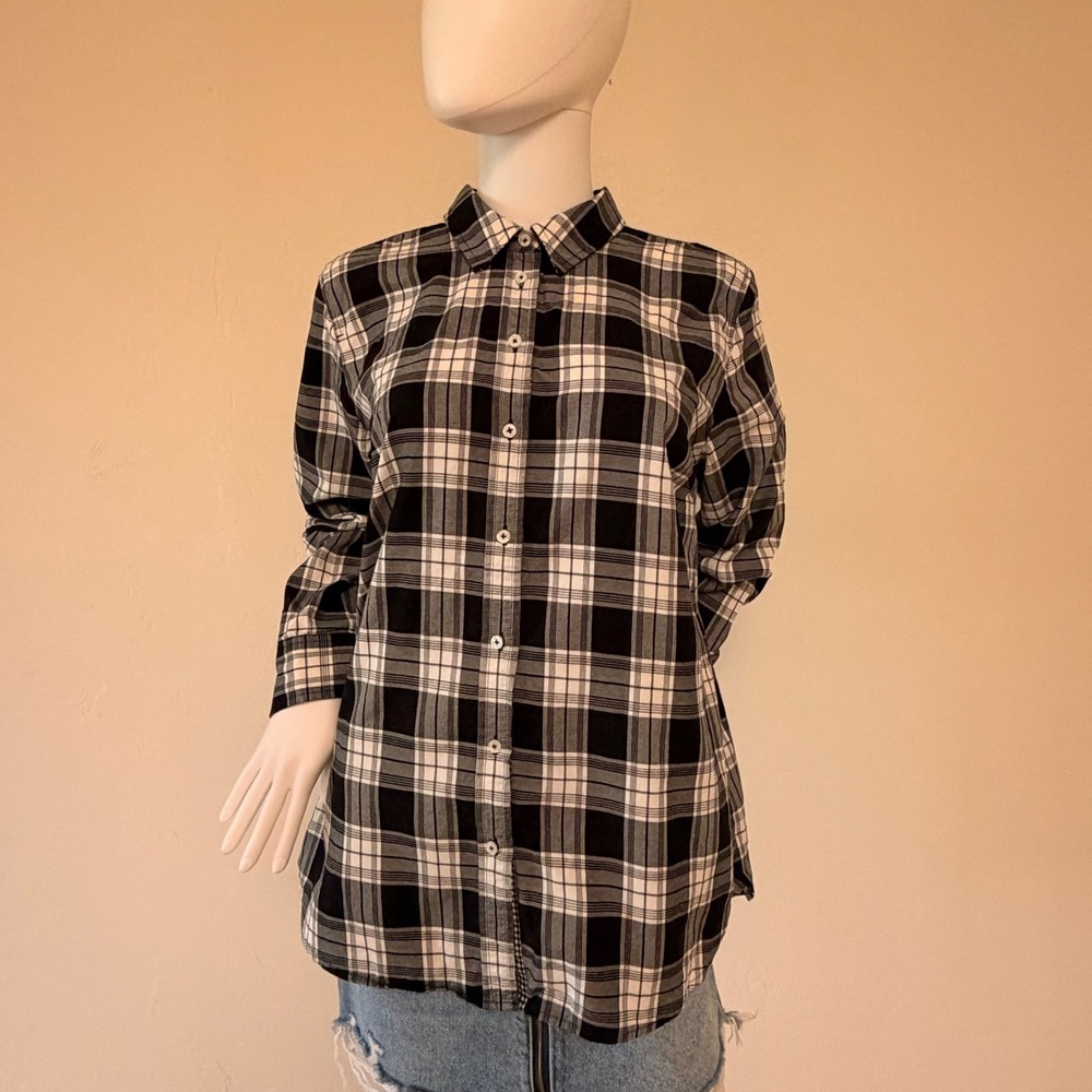 Talbots Women's Black White Plaid Button Down Shirt 100% Cotton Size L